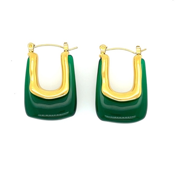 Trendy Green Resin Gold Hoop Earrings – Geometric Statement Jewelry - Picture 7 of 7